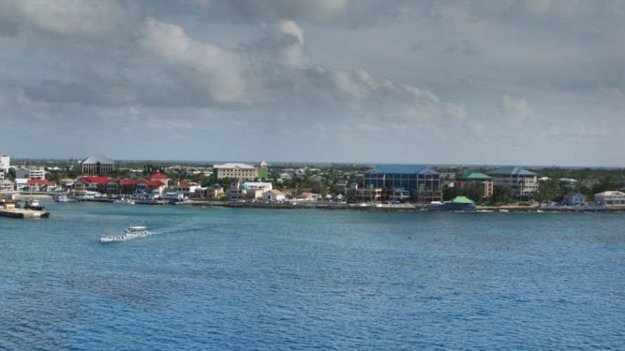 Panoramic view of the George Town waterfront and harbor in Grand Cayman seen from the water