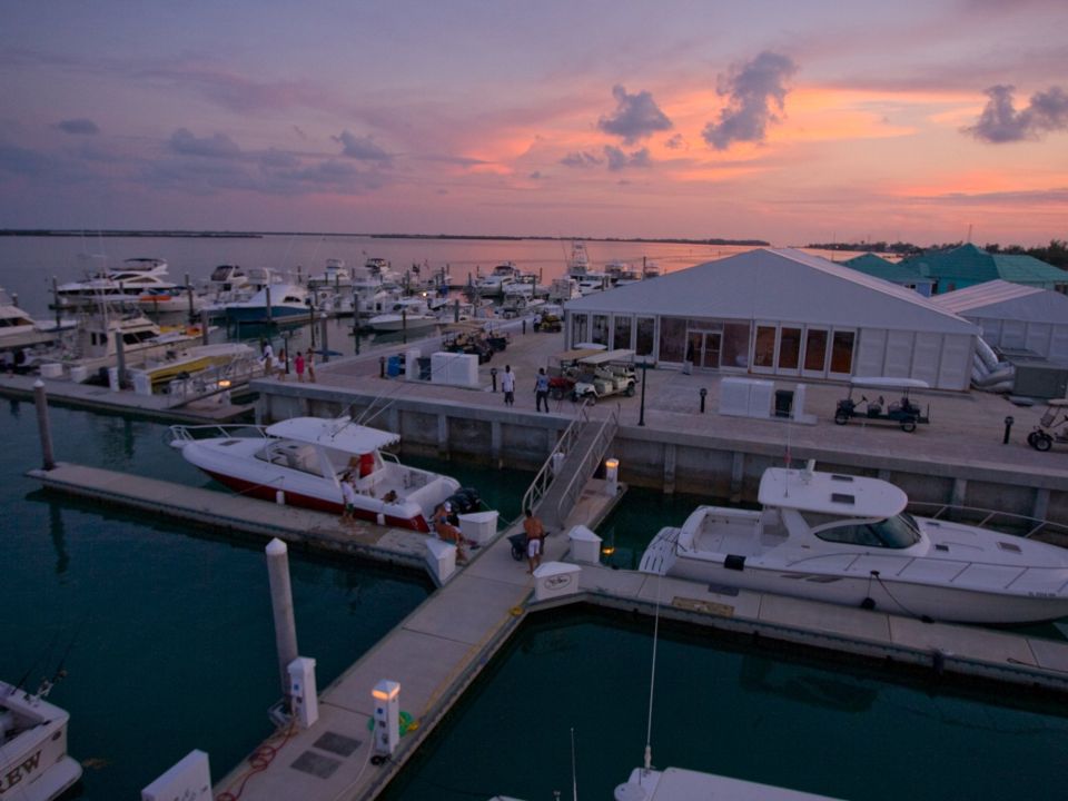Yachts berthed in a marina at sunset