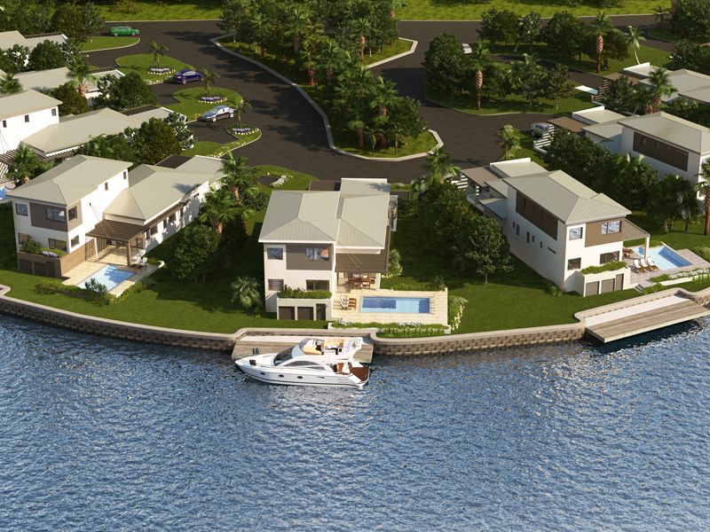 Waterfront villas with private docks along a canal
